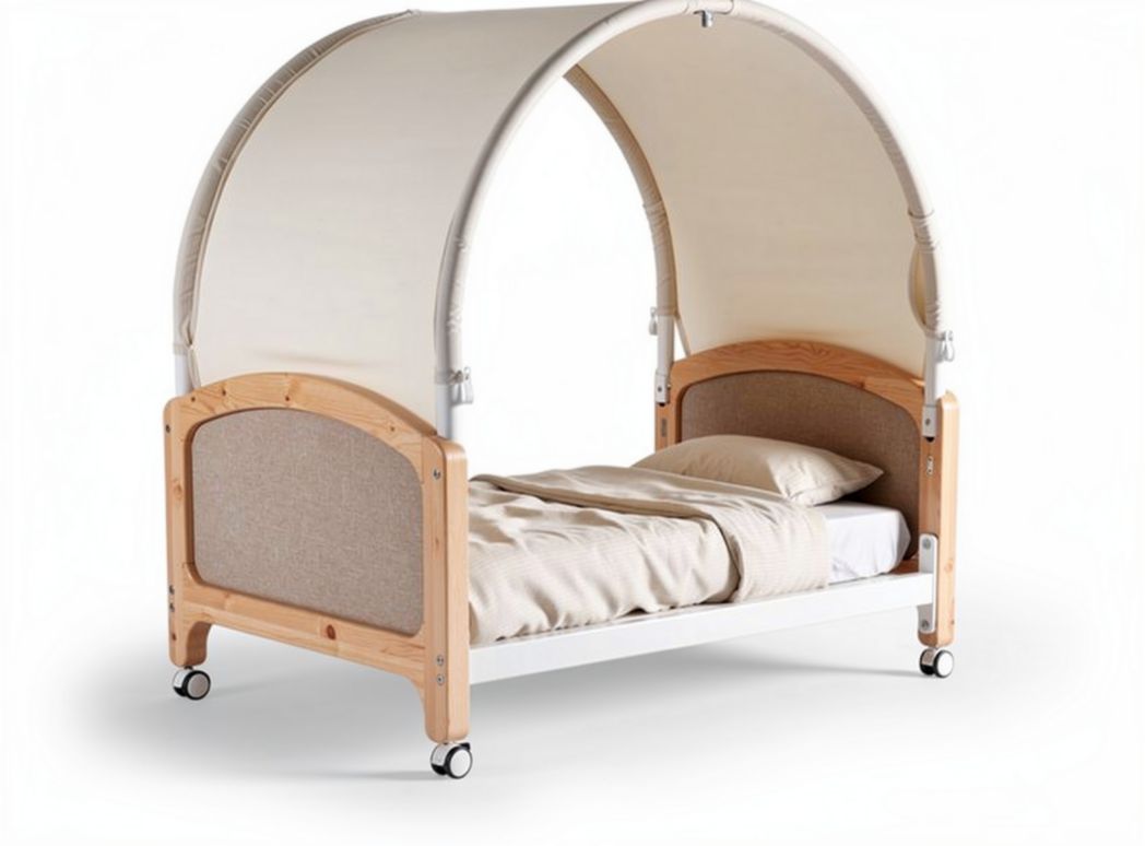 Houten kinderbed met tent en wielen 120 x 60 x 160cm beige