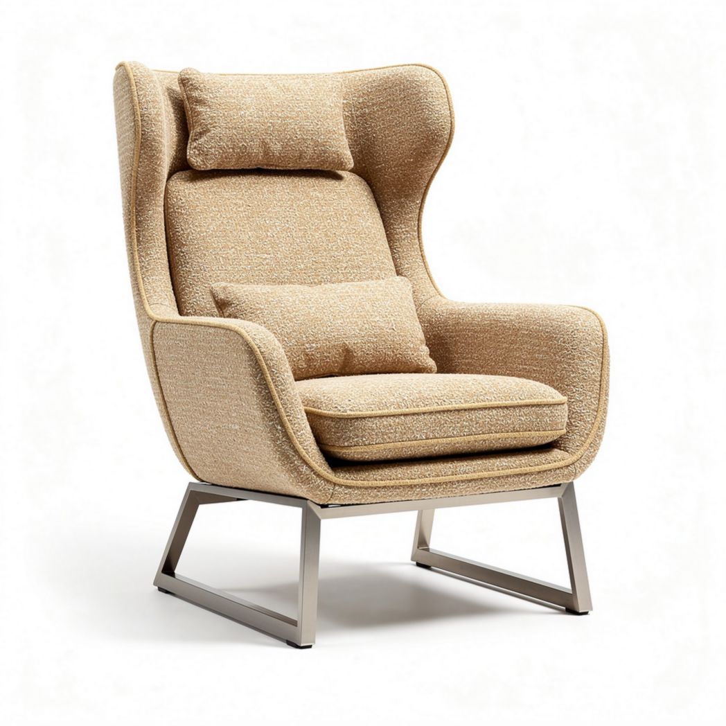 Stoere fauteuil met metalen onderstel stof in beige 90 x 85 x 110cm
