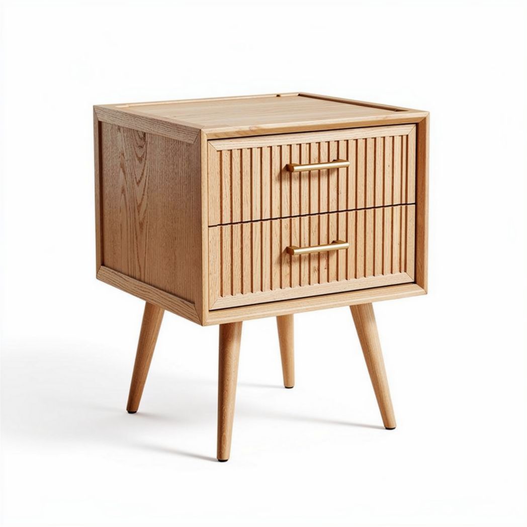 houten nachtkast met ribbelpatroon en twee lades 45 x 40 x 50cm