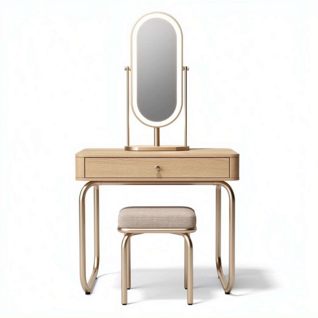 Make-up tafel met ronde spiegel van hout en metaal 100 x 50 x 75cm