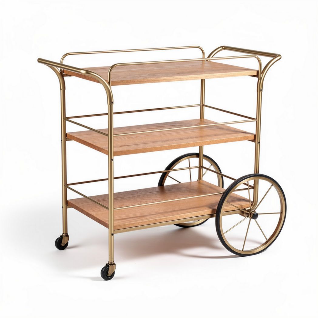 Trolley met drie houten planken en gouden metalen frame 80 x 45 x 90cm