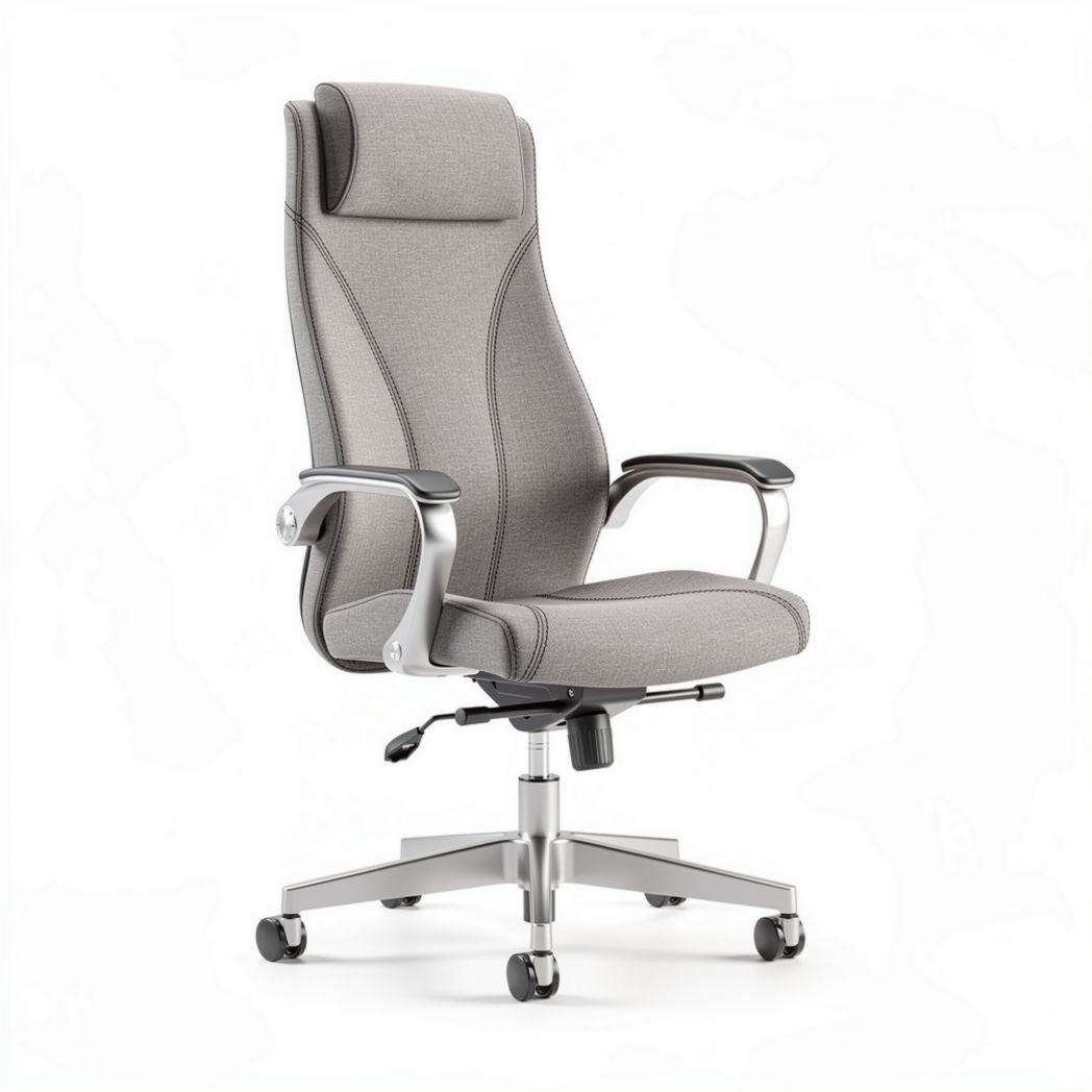 Ergonomische bureaustoel met grijze stof is verstelbaar en heeft een zilveren basis 70 x 70 x 120cm
