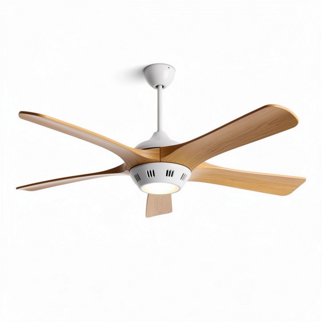 Hangende ventilator met houten bladen en lamp in wit 120 x 120 x 30cm